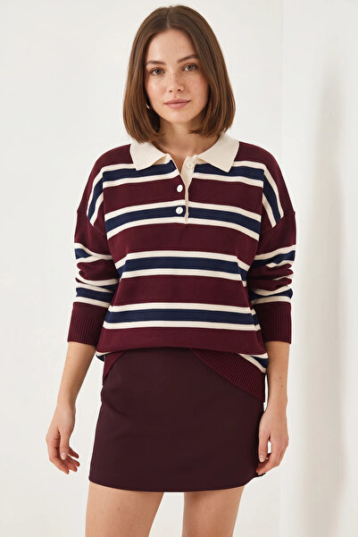 Efnaz style Women's Polo Neck Knitwear Burgundy Cream Sweater