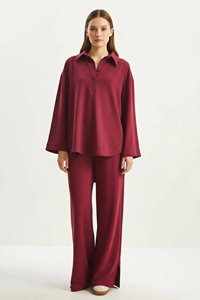 Efnaz style Women's Button Detailed Polo Collar Relaxed Fit Modal Claret Red ...
