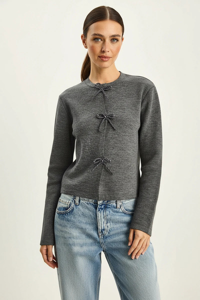 Efnaz style Women's Pearl Bow Accessory Knitwear Anthracite Cardigan