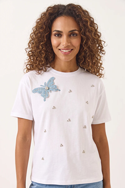 Efnaz style Women's Stone Embroidered Short Sleeve T-Shirt with Butterfly Acc...
