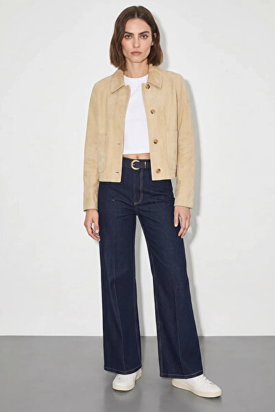Efnaz style Women's Belted Lycra Wide Leg Denim Navy Blue Trousers