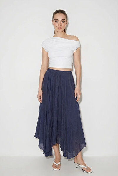 Generic Brand Women's Elastic Waist, Crush Effect, Lined, Flounce, Long Navy ...