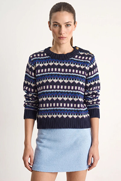 Generic Brand Women's Shoulder Patch Patterned Knitwear Navy Blue Sweater