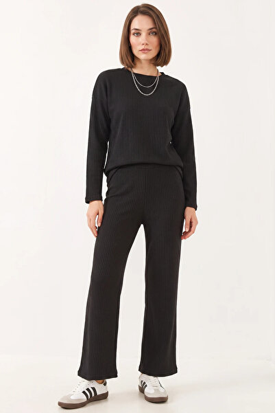 Generic Brand Women's Crew Neck Basic Black Top and Bottom Set