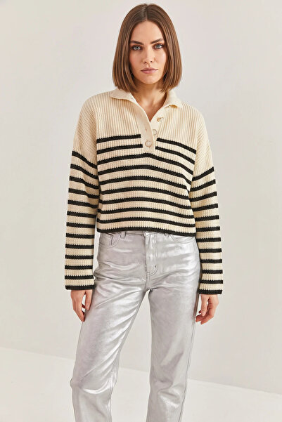 Efnaz style Women's Buttoned Collar Striped Knitwear Beige Black Sweater