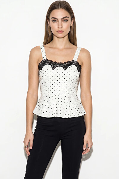 Generic Brand Women's Lace Detailed Strappy Polka Dot Peplum White Black Blouse