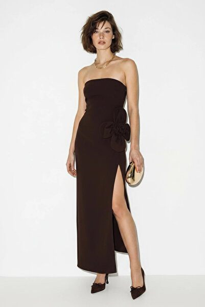 Efnaz style Women's Strapless Maxi Bitter Brown Dress with Floral Accessories...