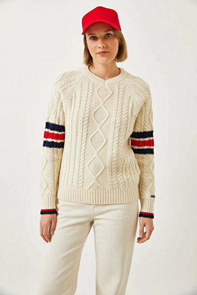 Efnaz style Women's V-Neck Patterned Knitwear Ecru Sweater