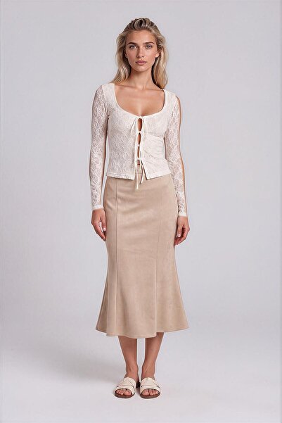 Vitrin Midi Length Patchwork Suede Skirt