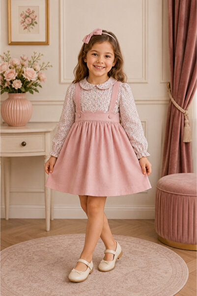 Alvadonna Baby Collar Floral Blouse Velvet Girls Dress Set