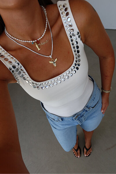 Noi Belis Square Neck Stone Embellished Knitwear Blouse Ss26Bz0204