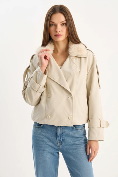 Çocux Kids Wear Kadın Beli Lastikli Cep Detaylı Çıkarılabilir Kürk Yaka Astarlı Kısa Trençkot Taş