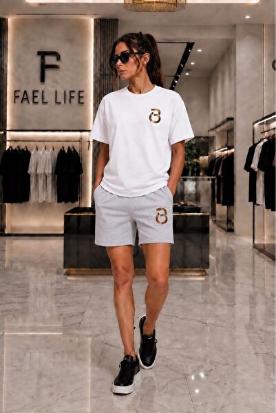 FAEL LİFE Unisex Comfortable Fit T-Shirt and Shorts B Gold Printed Set