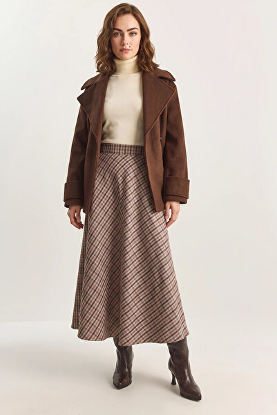 Efnaz style Women's Plaid Patterned Long Brown Skirt