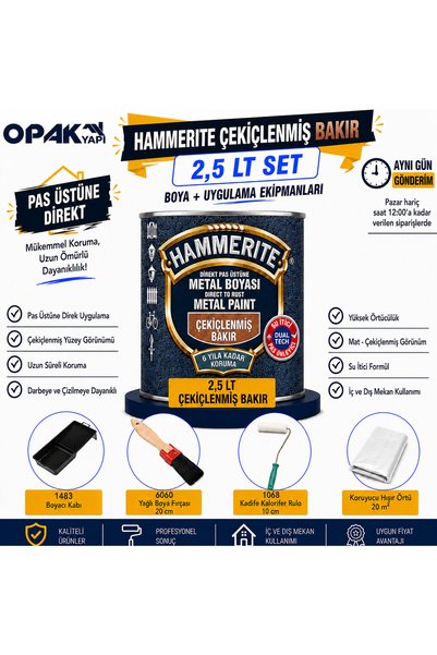Marshall Hammerite Çekiçlenmiş Bakır 2,5 LT Pas Üstüne Direkt Metal Boyası + 4 Parça Uygulama Seti