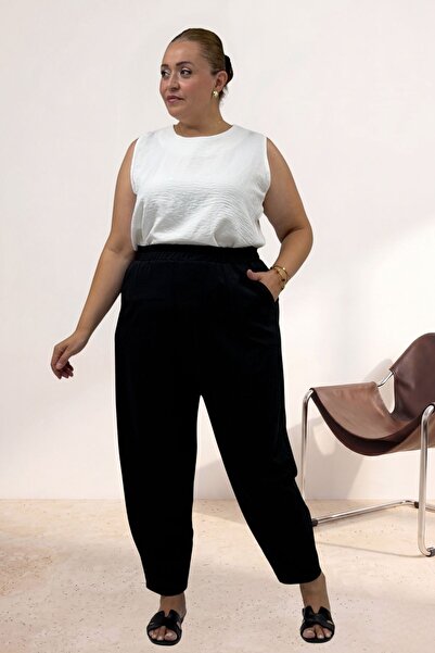 Eslina 69021 Plus Size Nora Shalwar Trousers with Elastic Waist - Black