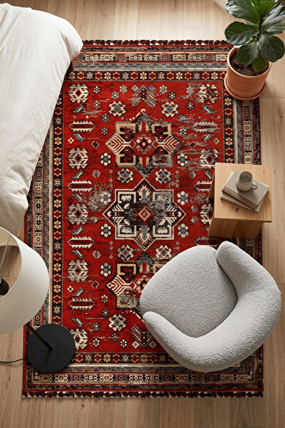 dekozer Karsu Retro Etnik Desenli Kırmızı Kilim & Halı – Salon ve Mutfak İçin...