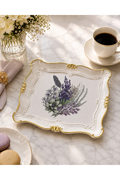 Zucci Home Sultan Lavender Flower Patterned Small Serving Tray |   30X25 cm |...