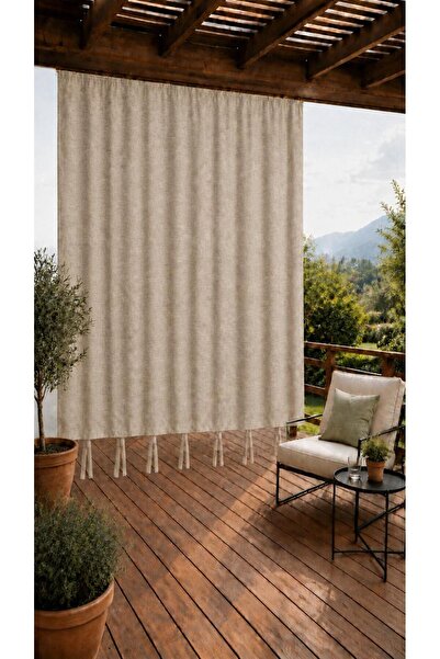 SHY TEKSTİL Beige Top Cornice Lace-Up Balcony Curtain, Outdoor Curtain for Pr...