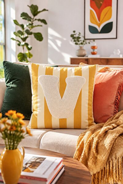 Pilloveland Punch Embroidered Throw Pillow Cover - 43*43 cm - Yellow Letter V...