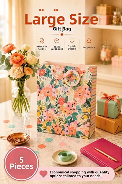 Daks 5 Pcs (32 X 26 X 14 cm) - Pastel Pink Floral Large Cardboard Gift Bag