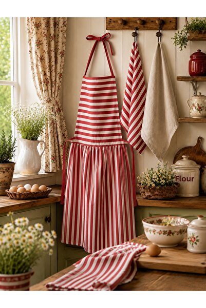 Sister Home Design Linen Kitchen Apron Set Light Green Striped |   55X70 cm A...