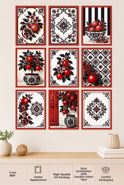 UNT Black and Red Decorative Mdf Painting Set with Pomegranate Motif – 9 Piec...
