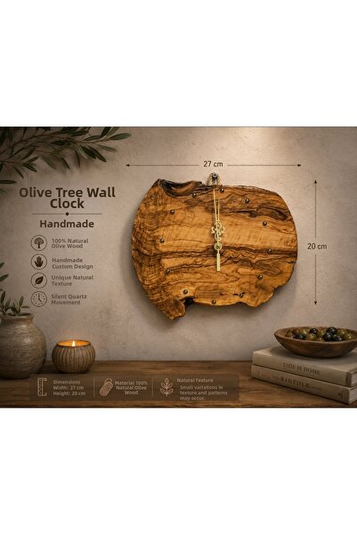 WoodBay Ceas de perete din lemn de măslin, lucrat manual, din lemn natural, c...
