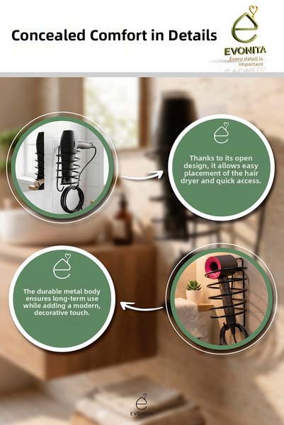 EVONİTA Adhesive Hair Dryer Hanger Matte Black Metal Hair Dryer Holder Without Drilling Bathroom Organizer