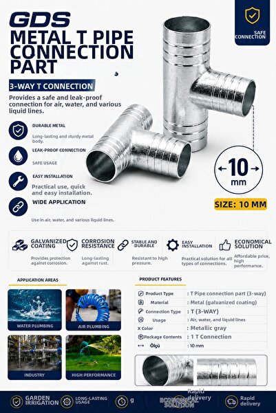 GENERAL Gds 10 mm Metal t Pipe Fitting 3 Way Galvanized Hose Attachment