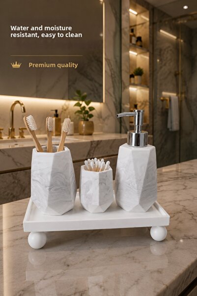 lufen deco منظم حمام منقوش بالرخام، طقم ملحقات مكون من 3 قطع، موزع صابون سائل...