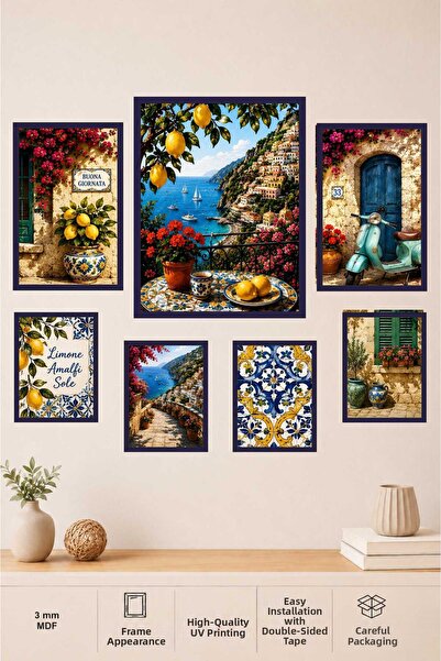 UNT Amalfi Lemon Garden and Italian Coastline Scenery 7 Piece Mdf Painting Se...