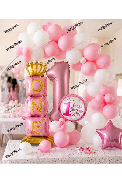 Parti Dükkanı 1 Year Old Birthday Girl Balloon Set Pink White Concept One Foi...