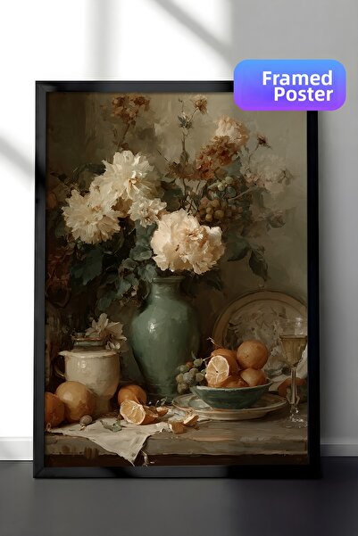 Zestia Vintage Wall Art Painting, Flower and Fruits in Vase Black Framed No: ...
