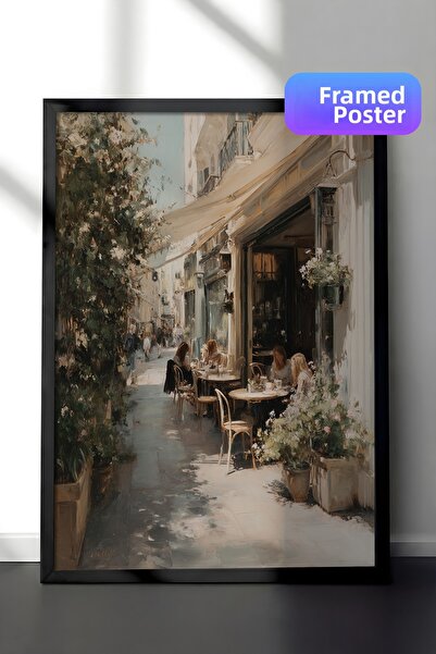 Zestia Pictură murală vintage, Strada cafenelei din oraș, înrămată în negru N...