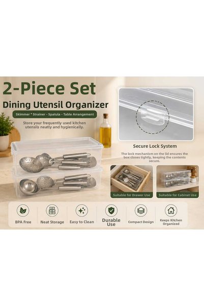 zemihra 2 Pieces Serving Utensils Storage Container Ladle Colander Spatula Spoon Fork Multi-Purpose Organizer Locking Box