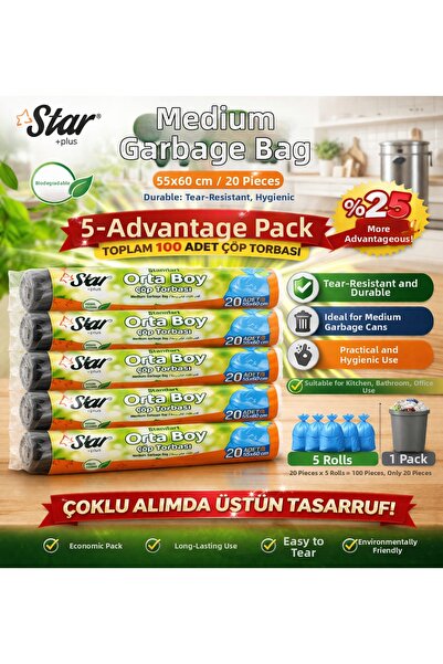 Generic Brand Star Plus Medium Size Garbage Bags 5 Pack of 20 55X60 cm Durabl...