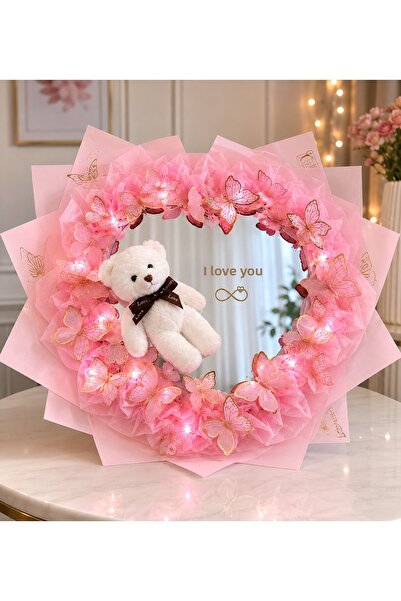 İNCİ sepette Heart Butterfly Bouquet Mirrored Bouquet Pink Bunch with Butterf...