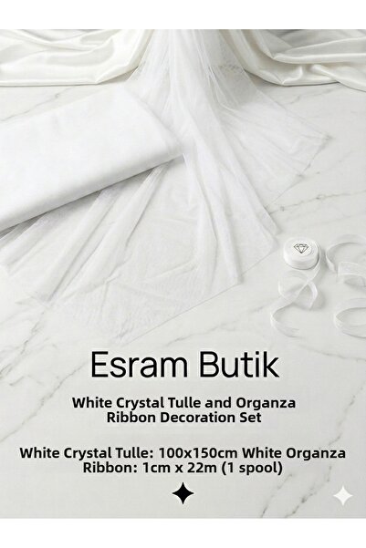 Esram Butik White Crystal Tulle 100Cmx150Cm and 1cm 22m Organza Decoration Se...