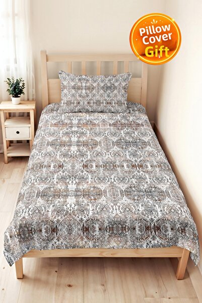 Evimde Bambaşka Vintage Geometric Beige Single Pique Set - Bohemian Gray Brow...