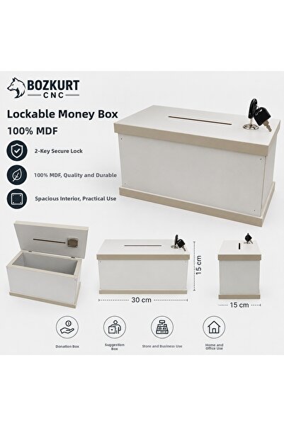 BOZKURT CNC Lockable Piggy Bank with 2 Keys, Stylish Design – White Color - C...