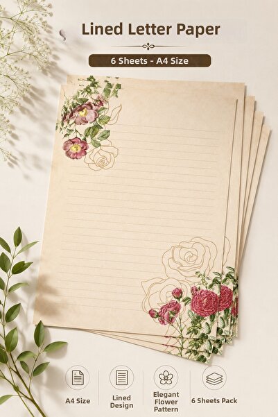Organik Yolda 6 Pieces of A4 Lined Letter Paper with Floral Pattern |   Vinta...