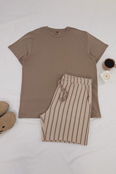 Συλλογή Trendyol Σετ Πιτζάμες Μπεζ-Μινκ Μεγάλου Μεγέθους Κανονικής Εφαρμογής ...