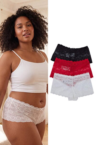 Trendyol Curve Κόκκινο-Πολύχρωμο Πακέτο 3 τεμαχίων Δαντελωτό Σλιπ Μεγάλου Μεγ...