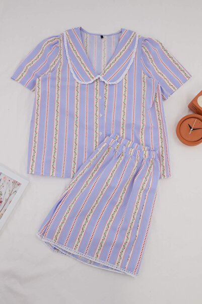 Trendyol Curve Μπλε φλοράλ/ριγέ πουκάμισο με γιακά υφαντό σετ πιτζάμες μεγάλο...