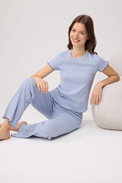 Συλλογή Trendyol Μπλε 100% βαμβακερό σετ πιτζάμες με πουά, πλεκτό με κορδόνι/...