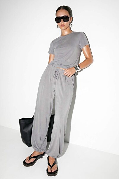 Drop by TrendyolMilla Gray Comfortable Fit Bottom Waist Elastic Viscose Botto...