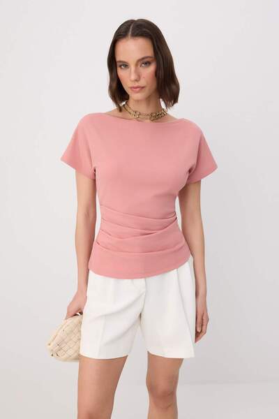 Trendyol Collection Pink Fitted/Bodycon Boat Neck Low Shoulder Short Sleeve S...
