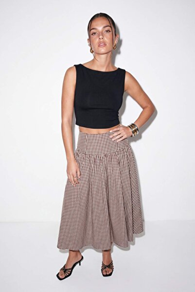 Drop by TrendyolMilla Smeđa karirana duga suknja TDRSS26ET00060