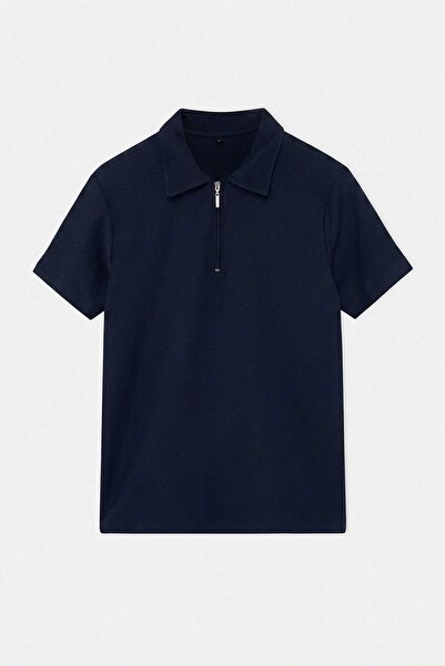 Trendyolmilla Man Lacivert Regular/Rahat Fermuarlı Dokulu Kumaş Örme Polo Yaka T-shirt TMNSS26PO00045